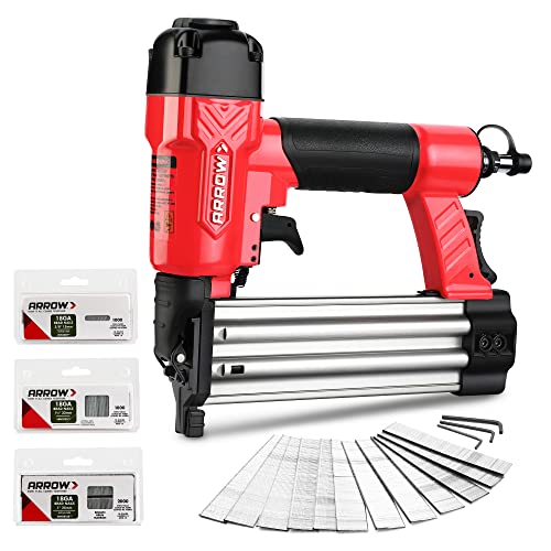 Arrow 18 Gauge Pneumatic Brad Nailer, Oil-Free Upholstery Nail Gun with 4000 Pieces 5/8 '', 1 '', 1-1/4 '' Nails, Adjustable Exhaust, for Woodworking, Professional and DIY Projects, PT18G