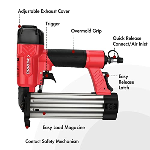 Arrow 18 Gauge Pneumatic Brad Nailer, Oil-Free Upholstery Nail Gun with 4000 Pieces 5/8 '', 1 '', 1-1/4 '' Nails, Adjustable Exhaust, for Woodworking, Professional and DIY Projects, PT18G