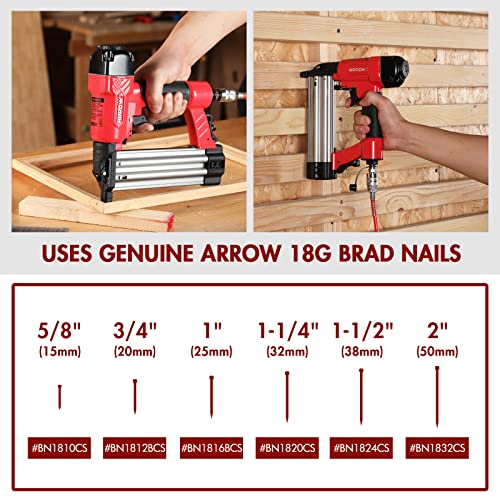 Arrow 18 Gauge Pneumatic Brad Nailer, Oil-Free Upholstery Nail Gun with 4000 Pieces 5/8 '', 1 '', 1-1/4 '' Nails, Adjustable Exhaust, for Woodworking, Professional and DIY Projects, PT18G