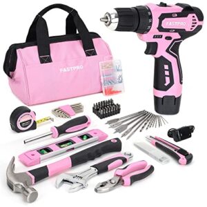 fastpro 175-piece 12v pink drill set, cordless lithium-ion driver and tool kit, house repairing tool with 12-inch storage bag, for diy, home maintenance.