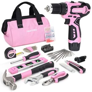 FASTPRO 175-Piece 12V Pink Drill Set, Cordless Lithium-ion Driver and Tool Kit, House Repairing Tool with 12-Inch Storage Bag, For DIY, Home Maintenance.