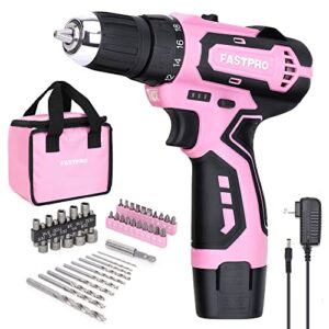 fastpro 42-piece 12v pink drill kit, lithium-ion cordless drill driver, 3/8 in. drill driver set with one 1.5 ah batteries, charger and tool bag