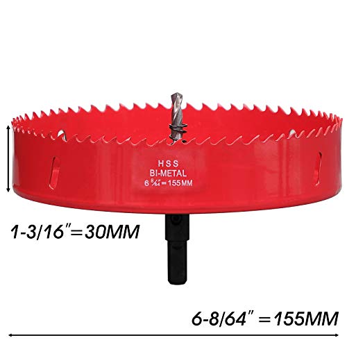 6-1/8 Inch Hole Saw for Wood, Bi-Metal Hole Drill Bit with Hex Shank, 155mm HSS Hole Cutter for Cutting Soft Metal, Iron, Aluminium, Wood, Drywall, Pipe, Plastic, Fibreboard, Red