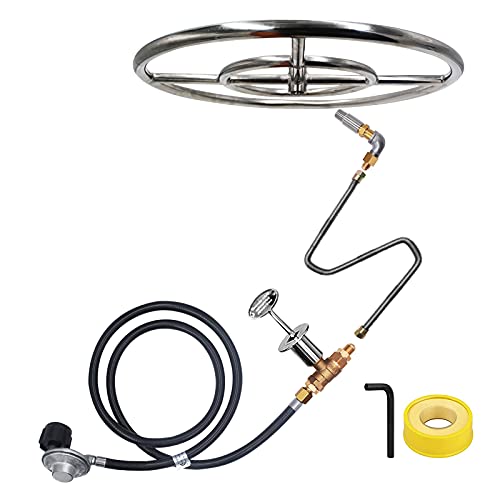 MENSI 18" Double Ring Burner Assembly Kit with Flex Gas Line Whistle Free for Propane DIY Fire Pit, Fireplace Max 150000BTU