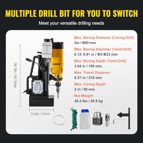 VEVOR Mag Drill, 0-300 RPM Stepless Speed Electromagnetic Drill Press, 2" Depth 2" Dia Magnetic Core Drill, 2922lbf Boring Tool Drill Press, 1680 Watts Drill Press, Yellow and Black Drill Machine