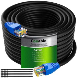 cat5e outdoor ethernet cable 100 feet, cat 5e heavy duty internet network lan cable, more flexible than cat 6, waterproof, pvc & lldpe uv double jackets for in wall, direct burial, router, poe, indoor