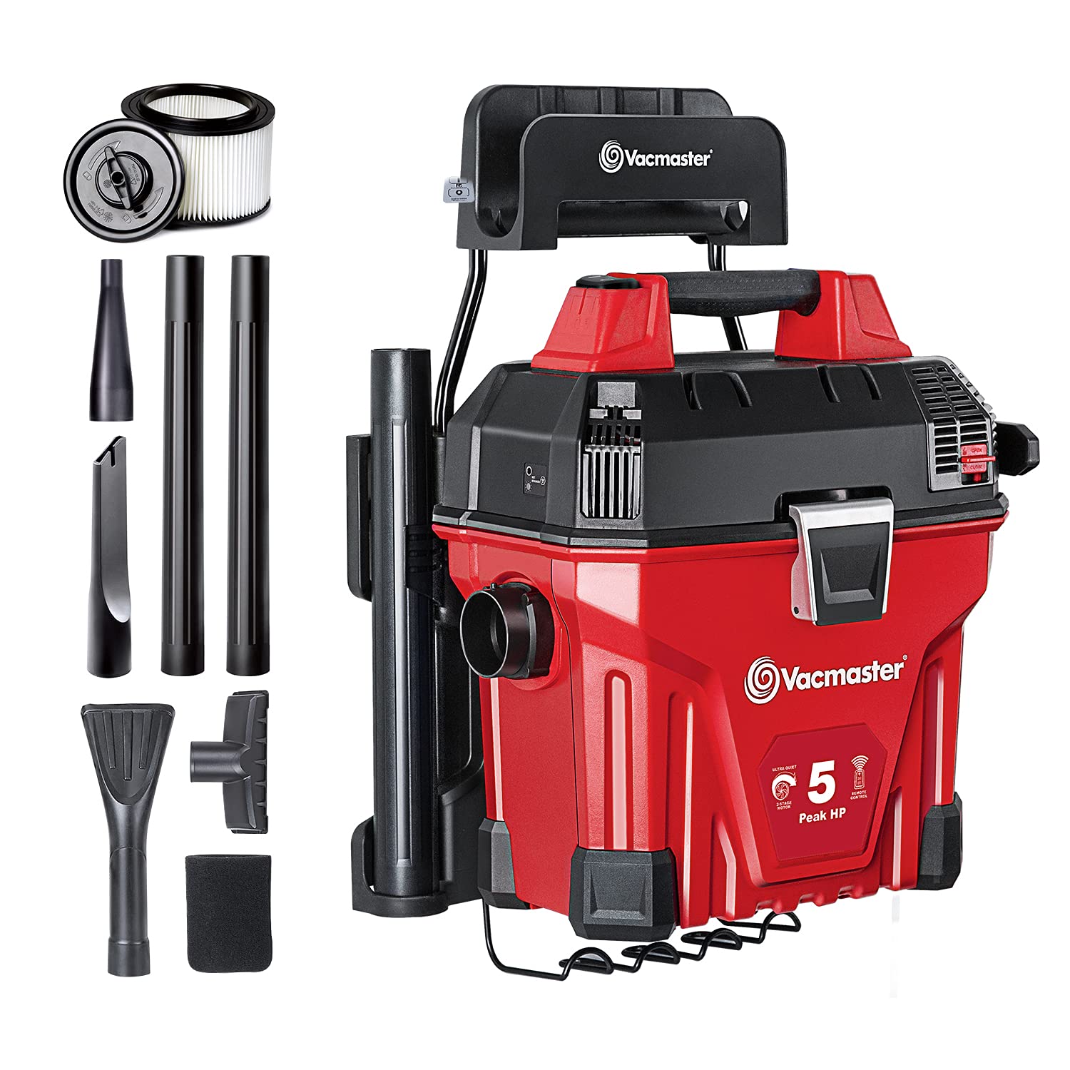 Vacmaster VWMB508 1101 5 Gallon Wall-Mount Wet/Dry Vacuum with Remote Control Operation Red