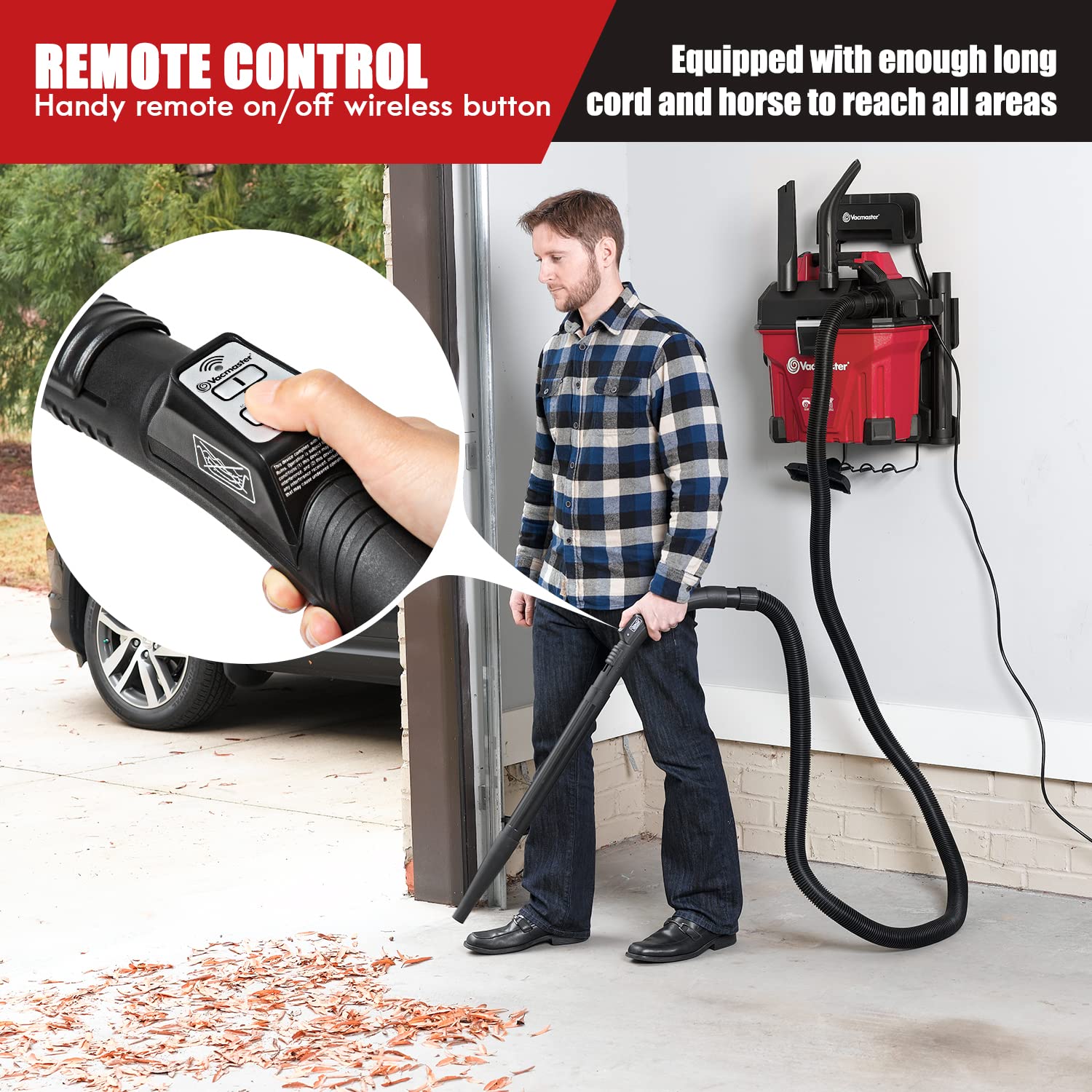 Vacmaster VWMB508 1101 5 Gallon Wall-Mount Wet/Dry Vacuum with Remote Control Operation Red