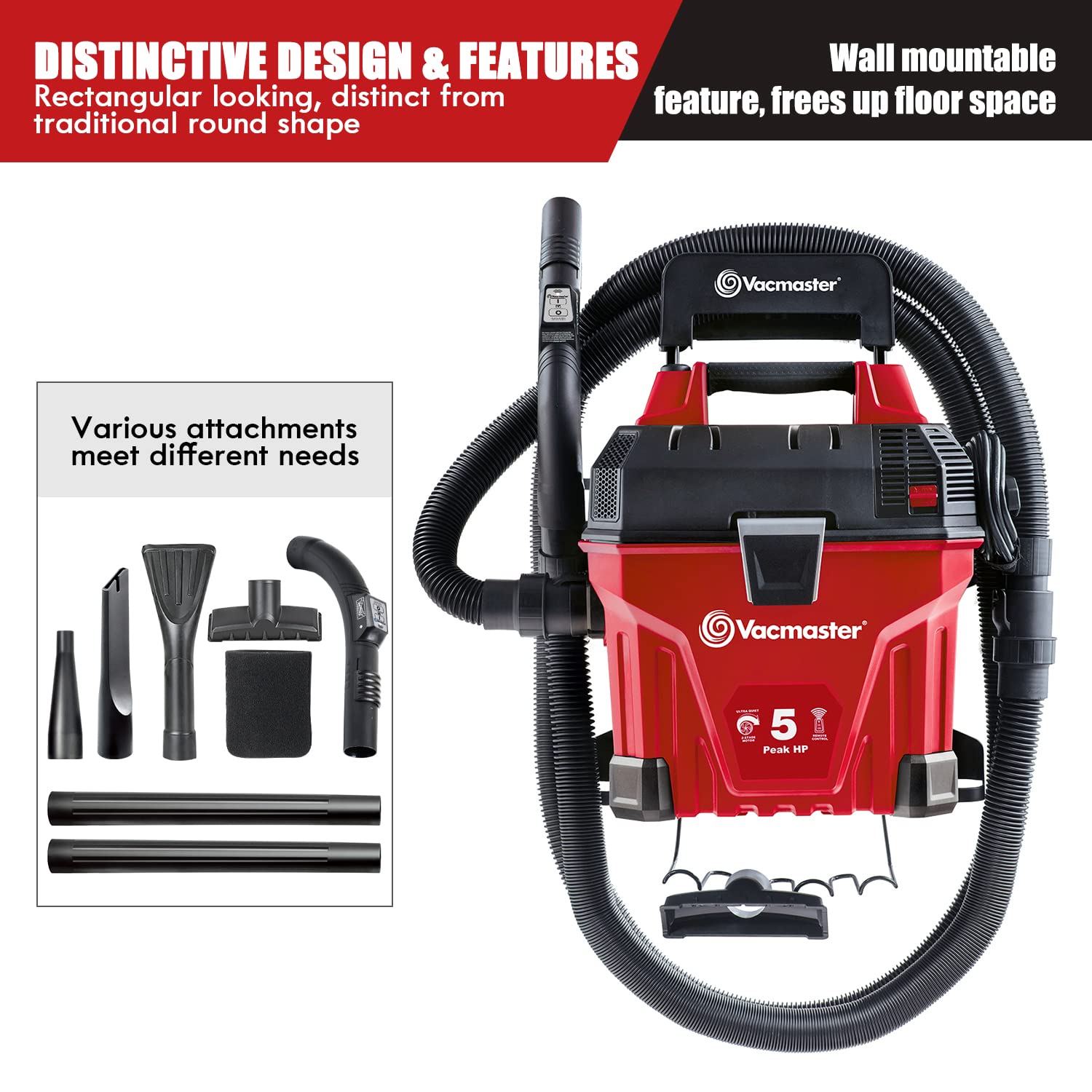 Vacmaster VWMB508 1101 5 Gallon Wall-Mount Wet/Dry Vacuum with Remote Control Operation Red