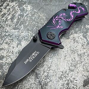 6" fantasy dragon rescue open folding pocket knife black w/ purple outdoor survival hunting knife for camping by survival steel