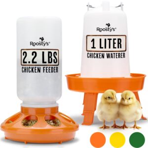 roosty's chick feeder and waterer kit - 1l chick feeder and 1.5l chick waterer | chicken feeder and hanging chicken waterer | duck feeder, quail feeder, chicken starter kit | baby chicken supplies