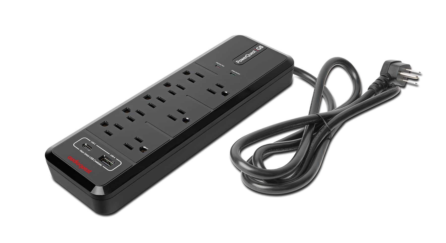 AudioQuest PowerQuest G8 – 8-Outlet Surge Protector with USB-A and USB-C Charging Ports - Perfect for TV, AV Receiver, Xbox, Playstation, Soundbar, Computer, and Home Office