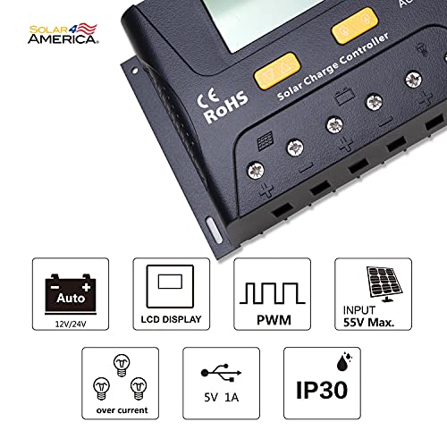 Solar4America 10A 20A 30A PWM Solar Charge Controller 12V/24V Automatic, with LCD Display, for Solar Wind Power Generator System (30A)