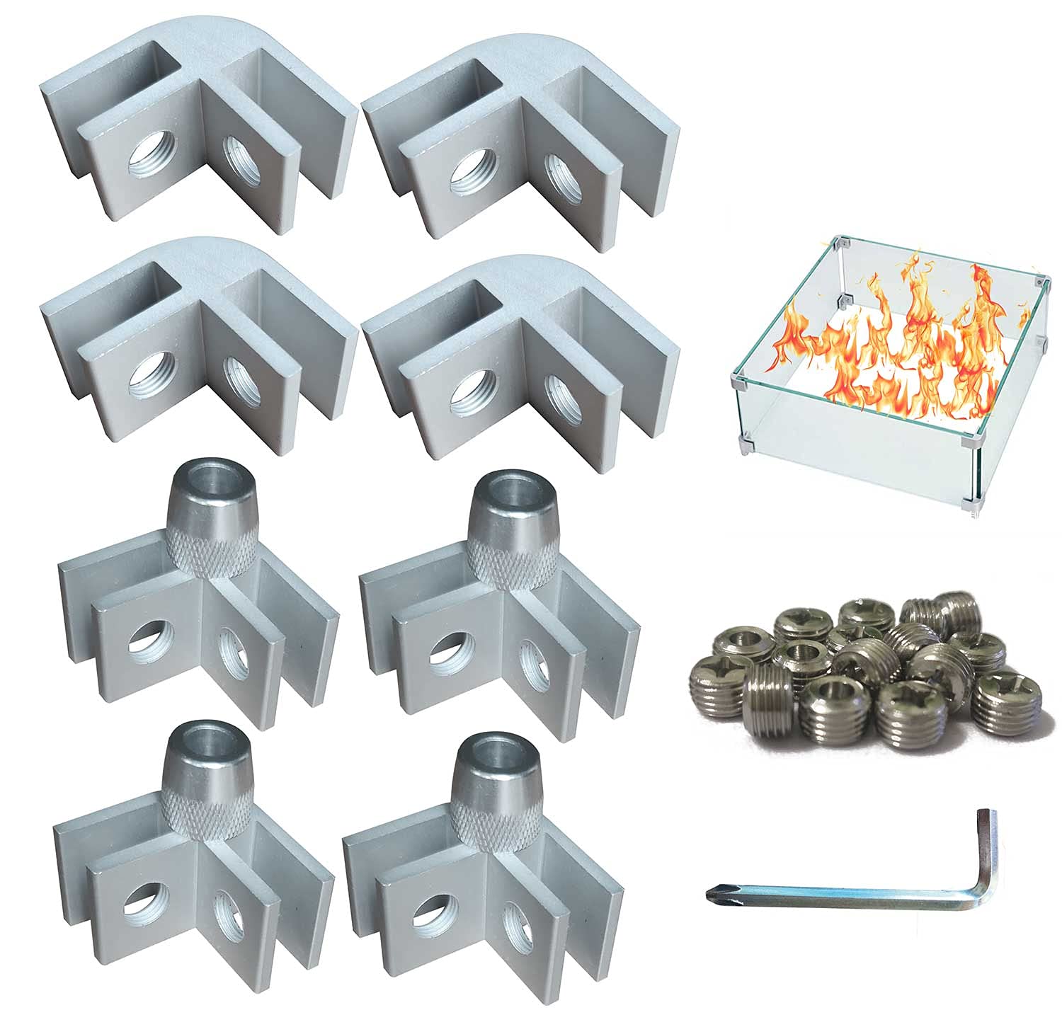 DIY Glass Flame Wind Guard Kit, 8pcs Flame Wind Fire Pit Flame Guard Parts Glass Corner Hardware Connector for Thickness 5/16 inch Glass Aluminum Alloy Non-Slip Bases for Square Glass Wind Guard