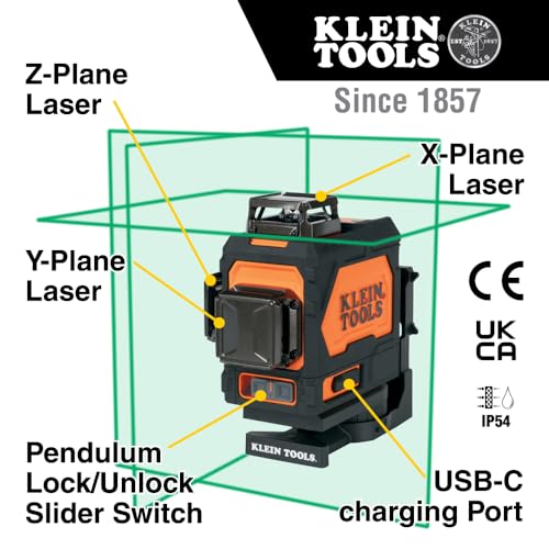 Klein Tools 93PLL Self-Leveling Laser Level, Green 3x360-Deg Planes, Rechargeable Battery, Magnetic Mount, Class II Laser (≤1mW @ 510-530nm)