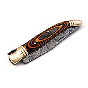 Damascus steel folding knife with leather sheath, 8.5 inches long laguiole pocket knife with 4 inches long Damascus steel Blade, 4.5 inches multi color wood scale with Brass bolster and pommel, Leather sheath included (Yellow Black)