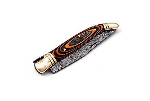 Damascus steel folding knife with leather sheath, 8.5 inches long laguiole pocket knife with 4 inches long Damascus steel Blade, 4.5 inches multi color wood scale with Brass bolster and pommel, Leather sheath included (Yellow Black)