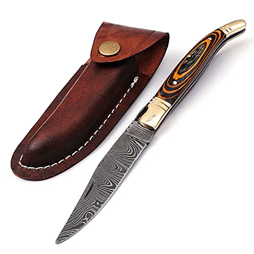 Damascus steel folding knife with leather sheath, 8.5 inches long laguiole pocket knife with 4 inches long Damascus steel Blade, 4.5 inches multi color wood scale with Brass bolster and pommel, Leather sheath included (Yellow Black)