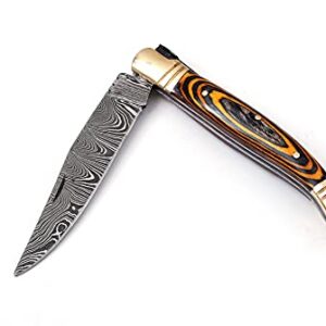 Damascus steel folding knife with leather sheath, 8.5 inches long laguiole pocket knife with 4 inches long Damascus steel Blade, 4.5 inches multi color wood scale with Brass bolster and pommel, Leather sheath included (Yellow Black)