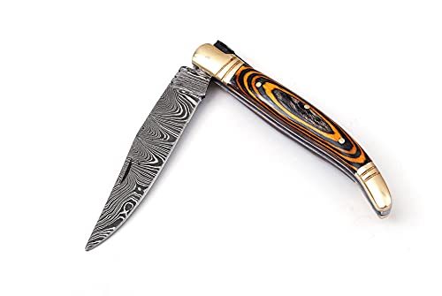 Damascus steel folding knife with leather sheath, 8.5 inches long laguiole pocket knife with 4 inches long Damascus steel Blade, 4.5 inches multi color wood scale with Brass bolster and pommel, Leather sheath included (Yellow Black)