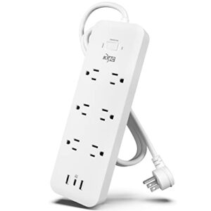 kmc usb-c pd surge protector 6-outlet power strip, 30w power delivery usb-c port, 2 usb-a ports, 980j surge protection, 4-foot extension cord, white