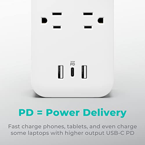 KMC USB-C PD Surge Protector 6-Outlet Power Strip, 30W Power Delivery USB-C Port, 2 USB-A Ports, 980J Surge Protection, 4-Foot Extension Cord, White