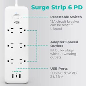 KMC USB-C PD Surge Protector 6-Outlet Power Strip, 30W Power Delivery USB-C Port, 2 USB-A Ports, 980J Surge Protection, 4-Foot Extension Cord, White