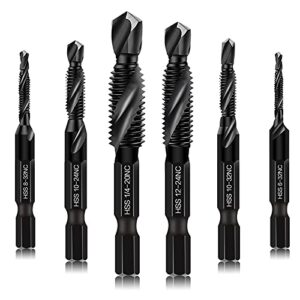 6 packs combination drill & taps bit set, screw tapping in sae size 6-32nc 8-32nc 10-32nc 10-24nc 12-24nc 1/4-20nc with anti-rust black coating, 1/4” hex shank and storage case