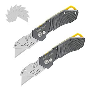 xw folding utility knife, heavy duty box cutter with belt clip, quick change blades, anodized aluminum alloy handle, extra 10 blades included, 2-pack