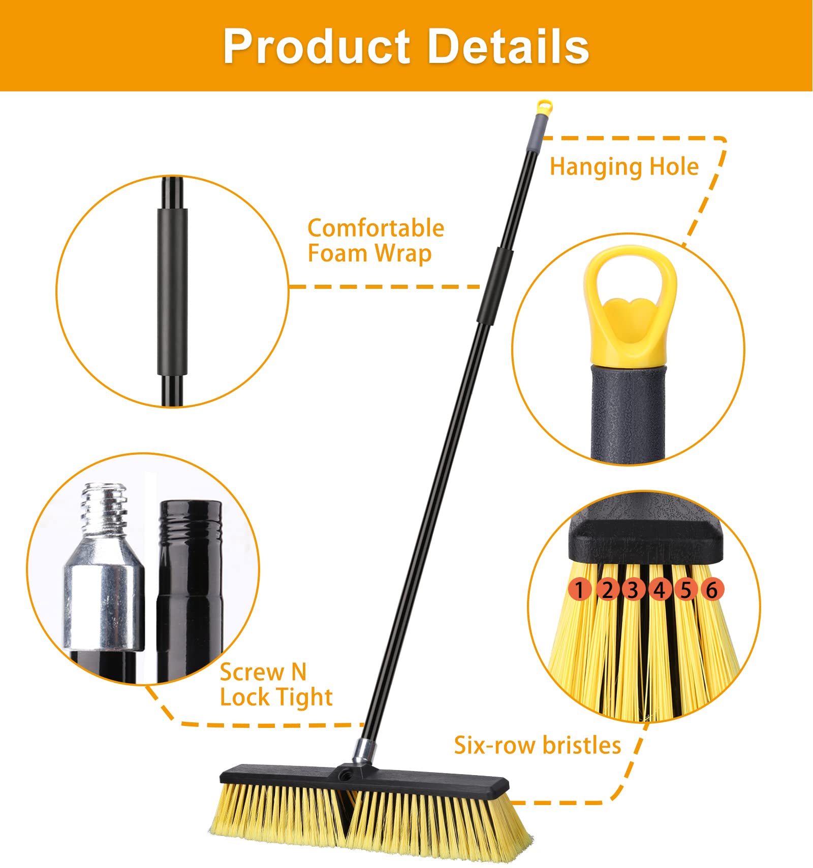 KeFanta 18 Inches Push Broom Outdoor- Heavy Duty Broom with 63" Long Handle for Deck Driveway Garage Yard Patio Warehouse Concrete Floor Cleaning