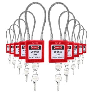 tradesafe lockout tagout steel cable locks with keys,10 red keyed different electrical lockout padlock set, 2 keys per lock, osha compliant, premium grade