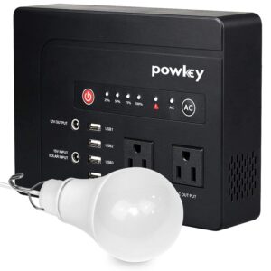powkey 200watt portable power bank with ac outlet and 10w adjustable led bulb light for camping power supply for cpap, 2 ac ports, 4 usb ports, 2 dc ports