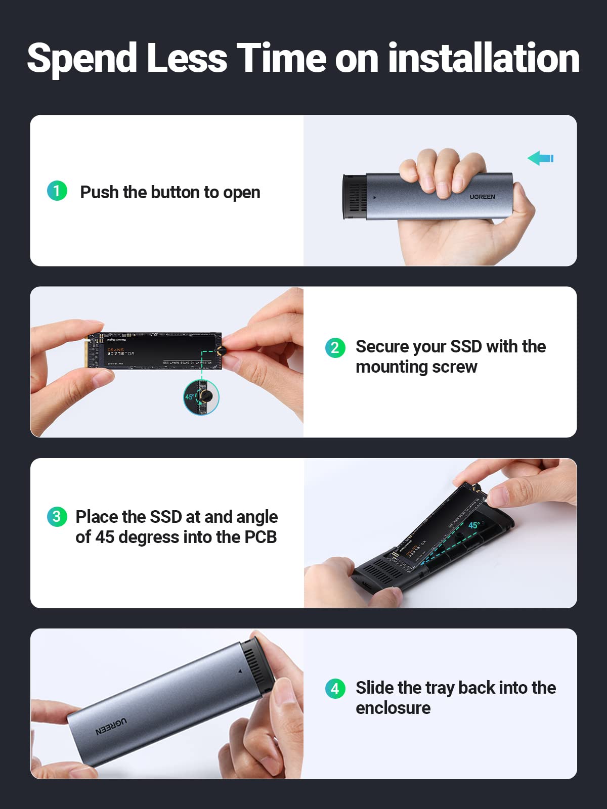 UGREEN NVMe and SATA M.2 Enclosure Tool-Free, 10Gbps USB C 3.2 Gen2, Supports UASP Trim, NVMe SSD Enclosure Supports M and B&M Keys 2280/2230/ 2242/2260 SSDs