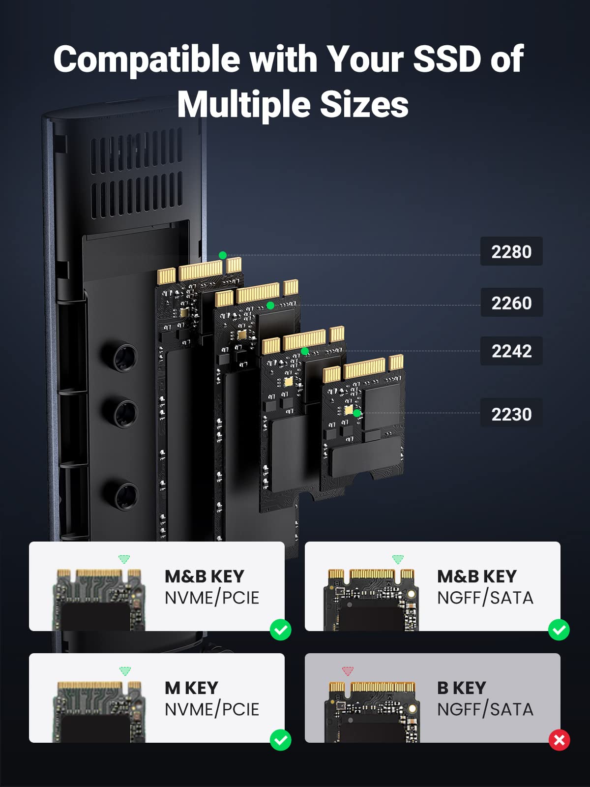 UGREEN NVMe and SATA M.2 Enclosure Tool-Free, 10Gbps USB C 3.2 Gen2, Supports UASP Trim, NVMe SSD Enclosure Supports M and B&M Keys 2280/2230/ 2242/2260 SSDs