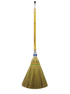 hand brush broom l 22 inch natural grass broom with mini bamboo handled red/blue indoor outdoor smooth hard floor sweeping cleaning handmade home, kitchen, bedroom, lobby room,whisk broom (classic)