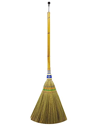 Hand Brush Broom L 22 Inch Natural Grass Broom with Mini Bamboo Handled Red/Blue Indoor Outdoor Smooth Hard Floor Sweeping Cleaning Handmade Home, Kitchen, Bedroom, Lobby Room,Whisk Broom (Classic)