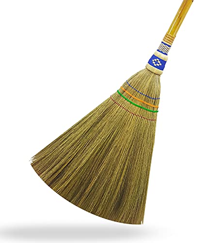 Hand Brush Broom L 22 Inch Natural Grass Broom with Mini Bamboo Handled Red/Blue Indoor Outdoor Smooth Hard Floor Sweeping Cleaning Handmade Home, Kitchen, Bedroom, Lobby Room,Whisk Broom (Classic)