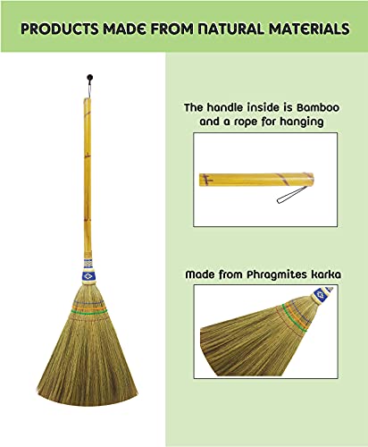 Hand Brush Broom L 22 Inch Natural Grass Broom with Mini Bamboo Handled Red/Blue Indoor Outdoor Smooth Hard Floor Sweeping Cleaning Handmade Home, Kitchen, Bedroom, Lobby Room,Whisk Broom (Classic)