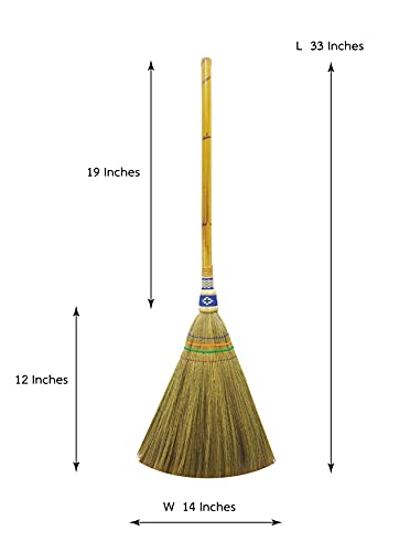 Hand Brush Broom L 22 Inch Natural Grass Broom with Mini Bamboo Handled Red/Blue Indoor Outdoor Smooth Hard Floor Sweeping Cleaning Handmade Home, Kitchen, Bedroom, Lobby Room,Whisk Broom (Classic)