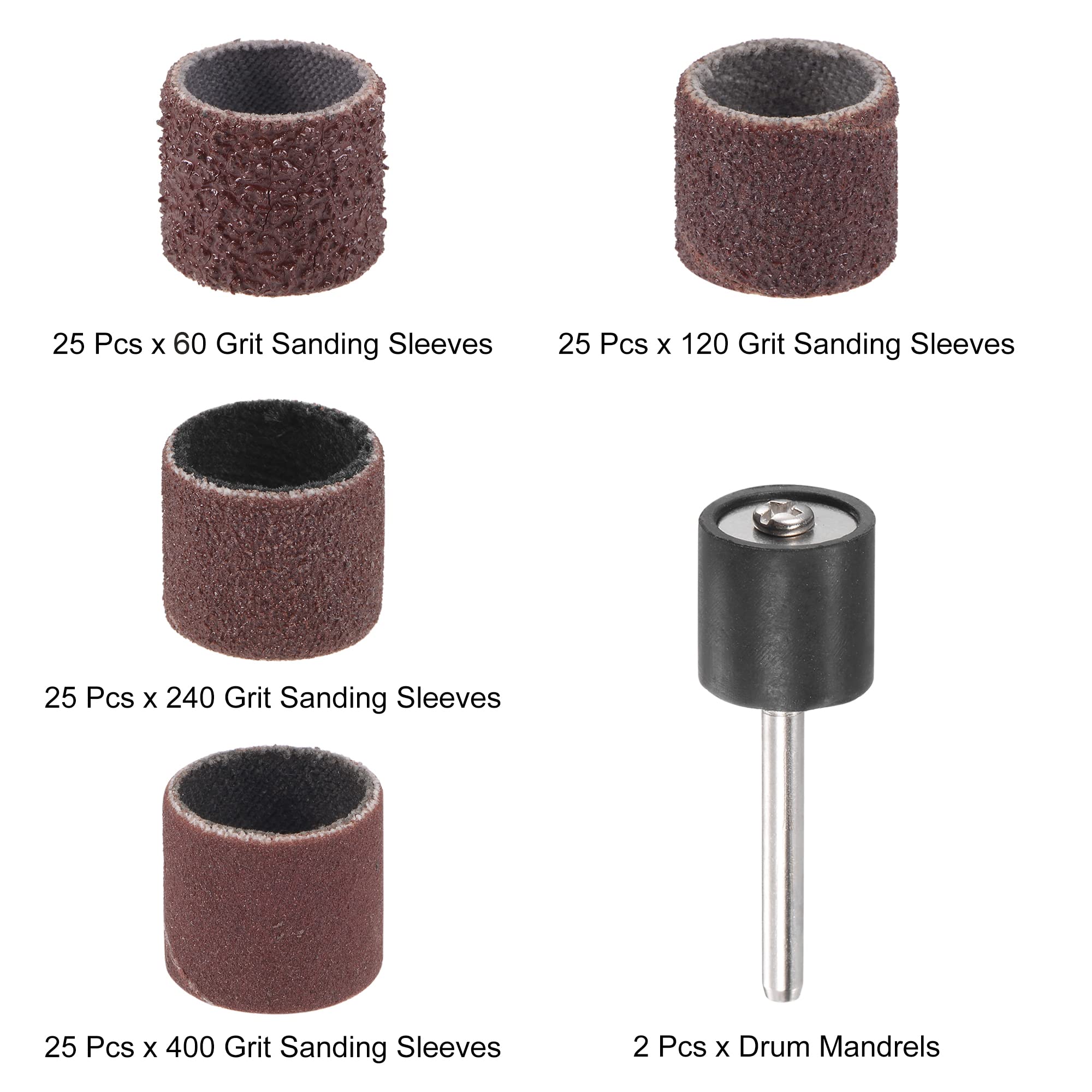 uxcell 1/2" x 1/2" Sanding Drum Set Sanding Sleeves Sandpaper Kit with Drum Mandrels for Rotary Tool 60/120/240/400 Grit 102pcs