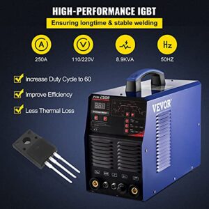 VEVOR TIG Welder AC/DC, 3 in 1 TIG/MMA/ARC Welding Machine with 110/220V Dual Voltage, 250A Aluminum MMA Welder w/Inverter IGBT and Digital Panel, Multiprocess ARC Welder