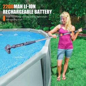 Handheld Pool Vacuum, 2200 mAh, 75+ mins Run time, 92'' Total Reach, Extendable Pool Cleaner, Twist Lock and Lightweight Design. Ideal for Spa, Small Swimming Pool Clean up, Gray