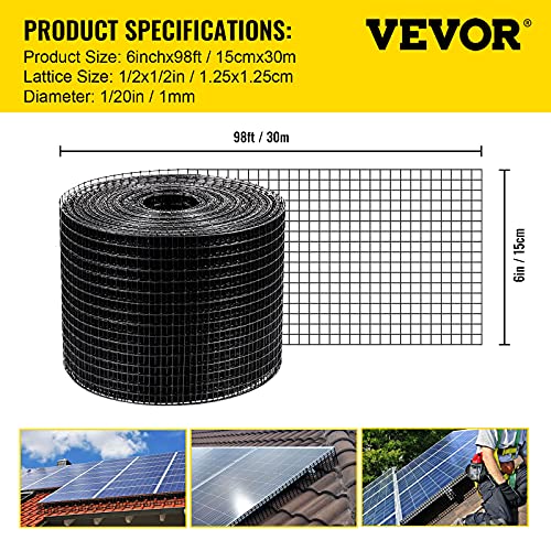 VEVOR Solar Panel Bird Guard 6inch PVC Coated Mesh Roll Kit, Critter Fence,Pigeon Proofing, Black, 6in x 98ft with 100pcs Fasteners, 50pcs Tie Wires