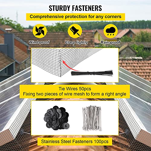 VEVOR Solar Panel Bird Guard 6inch PVC Coated Mesh Roll Kit, Critter Fence,Pigeon Proofing, Black, 6in x 98ft with 100pcs Fasteners, 50pcs Tie Wires