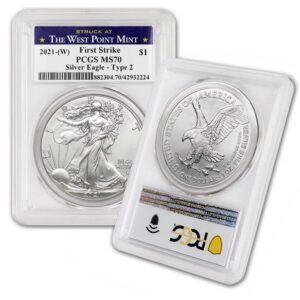 2021 (w) 1 oz american silver eagle coins ms-70 (type 2 - first strike - struck at the west point mint) by coinfolio $1 ms70 pcgs