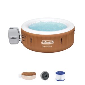 coleman saluspa ponderosa airjet, 2 to 4 person inflatable hot tub, round portable outdoor spa with 120 soothing airjets and cover, orange