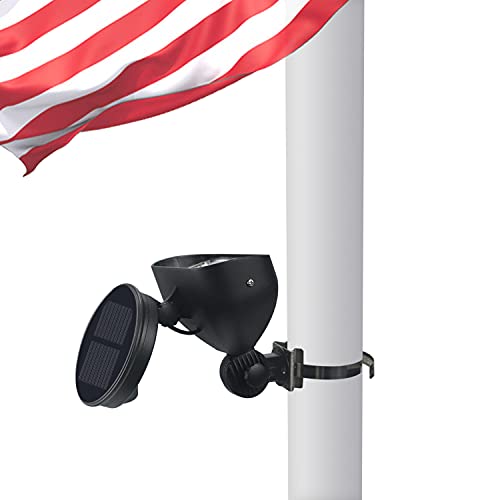 Flag Pole Light Solar Powered, 2 in 1 House Mounted Flagpole Solar Light, Metal Clamps Fits 1” to 3.5” in Diameter Flagpole, Super Bright 4 LED Outdoor Dusk to Dawn for Wall-Mount Spinning Flag Poles