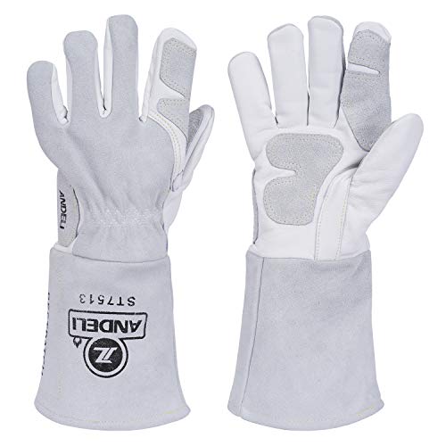 ANDELI Leather Forge Welding Gloves,With Kevlar Stitching,Mitts For Mig/Stick/Tig Welder/BBQ/Animal Handling (14 inch, Grey)