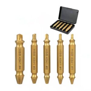 chew steel tools 5 pieces damaged screw extractor kit and stripped screw extractor set, remover tool and drill bit set, broken bolt extractor and screw remover set hss 4341 material (gold)
