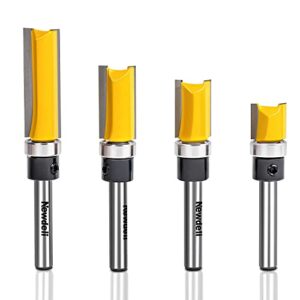 pattern flush trim router bit set, newdeli straight cut router bit with a bearing prevent tear-out, template guide woodworking milling cutter tool